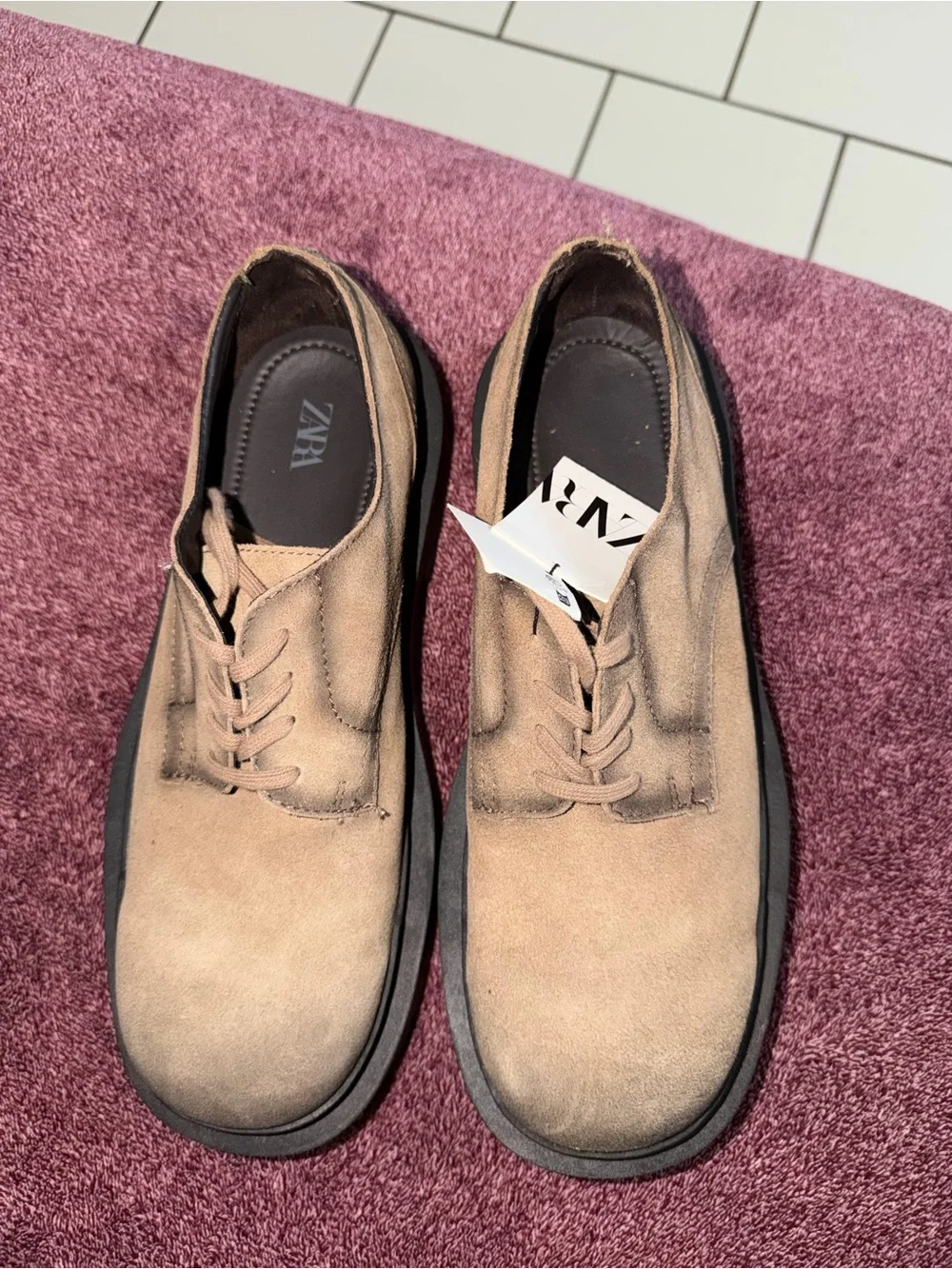 Zara Beige Suede Derby Shoes with Black Soles